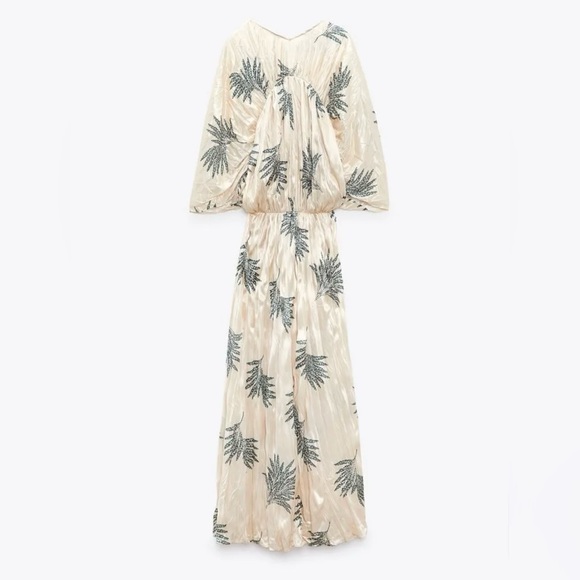 ZARA | NWT Wrinkled Effect Printed Satin Maxi Dress in Ecru, Size Medium - Picture 6 of 13